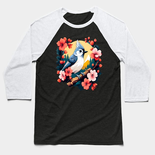 Cute Tufted Titmouse Surrounded by Vibrant Spring Flowers Baseball T-Shirt by BirdsnStuff